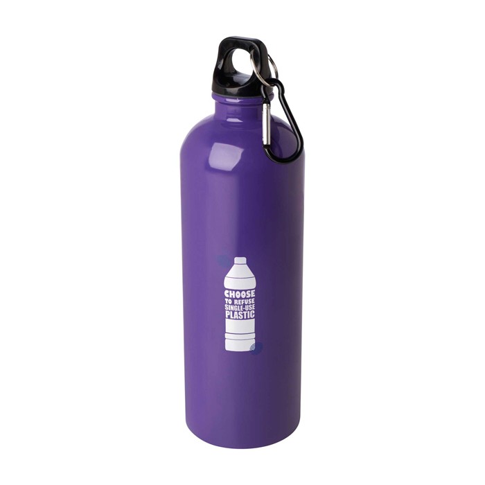 Botella de acero inoxidable reciclado con mosquetón 750ml color morado vista impresión tampografía
