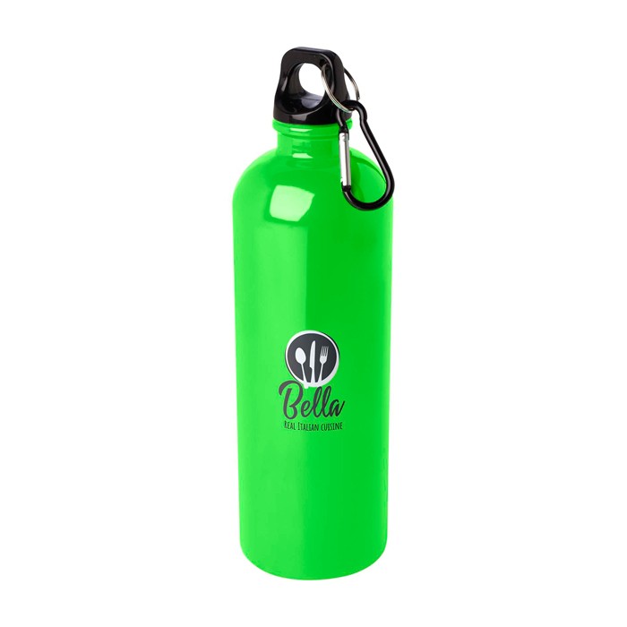 Botella de acero inoxidable reciclado con mosquetón 750ml color verde fluorescente vista impresión tampografía