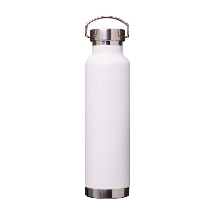 Botella de acero inox reciclado de doble pared y tapa de rosca 650ml color blanco tercera vista frontal Botella de acero inox reciclado de doble pared y tapa de rosca 650ml color blanco tercera vista frontal