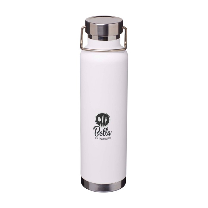 Botella de acero inox reciclado de doble pared y tapa de rosca 650ml color blanco vista impresión tampografía Botella de acero inox reciclado de doble pared y tapa de rosca 650ml color blanco vista impresión tampografía