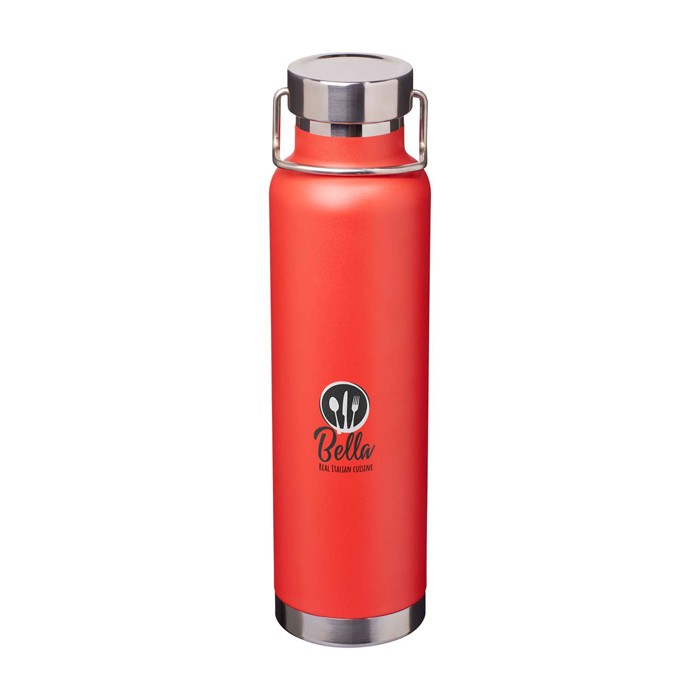 Botella de acero inox reciclado de doble pared y tapa de rosca 650ml color rojo vista impresión tampografía Botella de acero inox reciclado de doble pared y tapa de rosca 650ml color rojo vista impresión tampografía