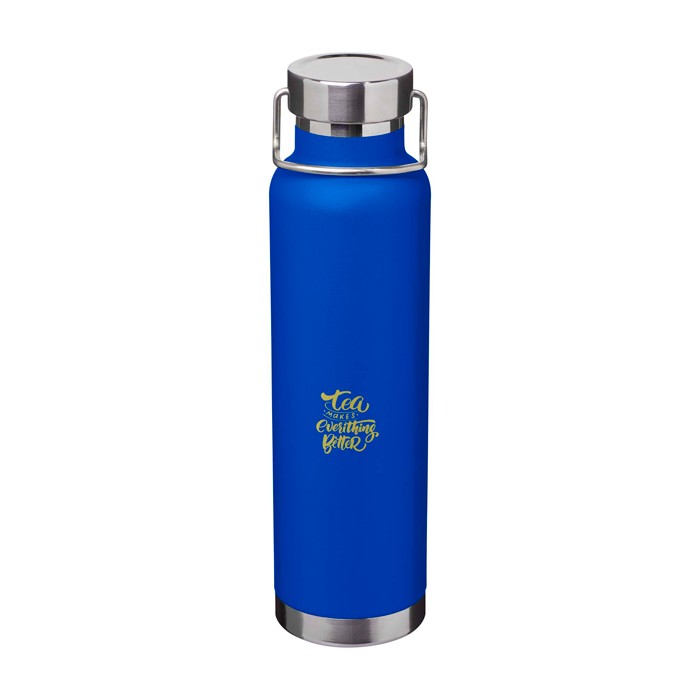 Botella de acero inox reciclado de doble pared y tapa de rosca 650ml color azul real vista impresión tampografía Botella de acero inox reciclado de doble pared y tapa de rosca 650ml color azul real vista impresión tampografía