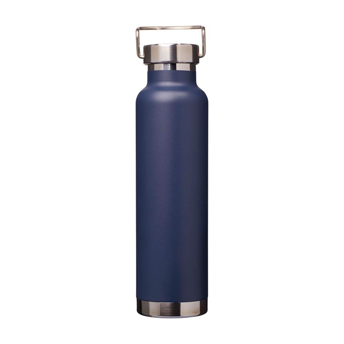 Botella de acero inox reciclado de doble pared y tapa de rosca 650ml color azul marino tercera vista frontal Botella de acero inox reciclado de doble pared y tapa de rosca 650ml color azul marino tercera vista frontal