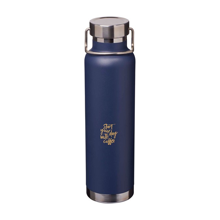 Botella de acero inox reciclado de doble pared y tapa de rosca 650ml color azul marino vista impresión tampografía Botella de acero inox reciclado de doble pared y tapa de rosca 650ml color azul marino vista impresión tampografía