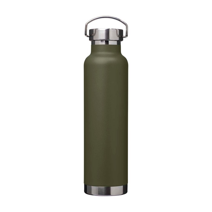 Botella de acero inox reciclado de doble pared y tapa de rosca 650ml color verde oscuro tercera vista frontal Botella de acero inox reciclado de doble pared y tapa de rosca 650ml color verde oscuro tercera vista frontal