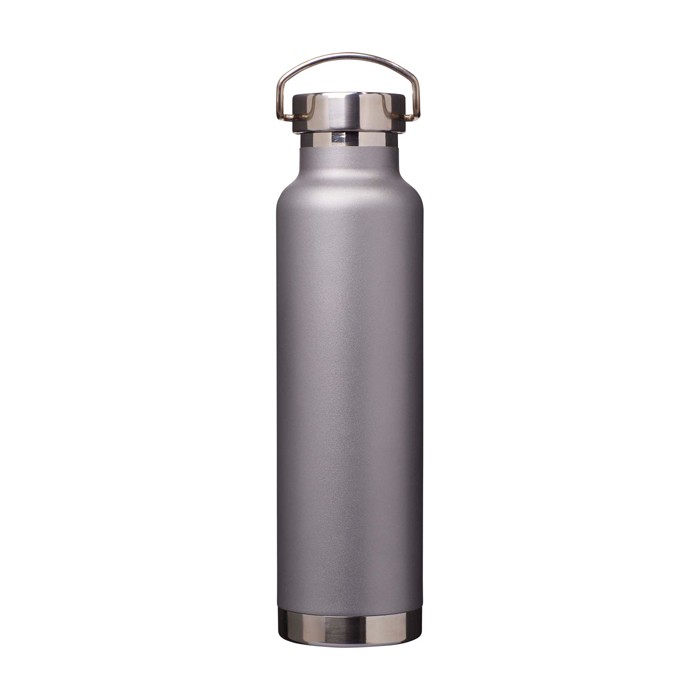 Botella de acero inox reciclado de doble pared y tapa de rosca 650ml color gris tercera vista frontal Botella de acero inox reciclado de doble pared y tapa de rosca 650ml color gris tercera vista frontal