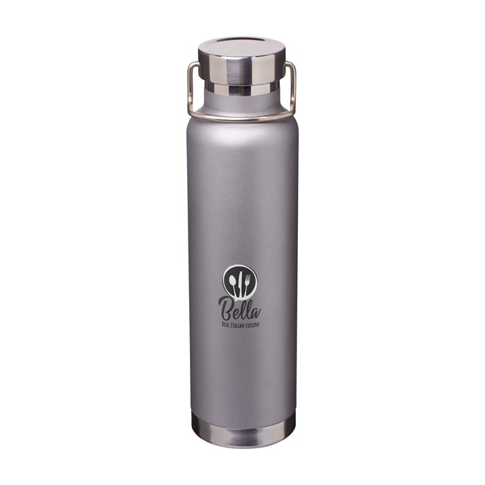 Botella de acero inox reciclado de doble pared y tapa de rosca 650ml color gris vista impresión tampografía Botella de acero inox reciclado de doble pared y tapa de rosca 650ml color gris vista impresión tampografía