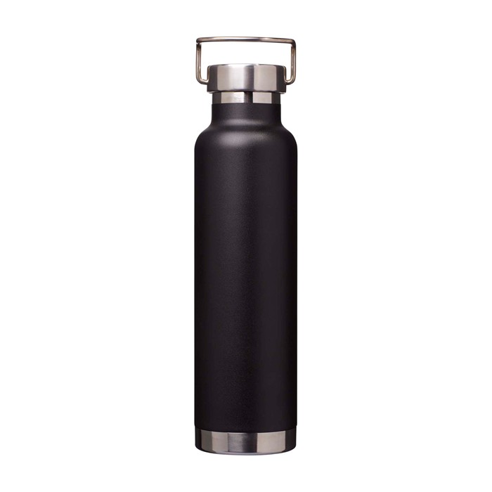Botella de acero inox reciclado de doble pared y tapa de rosca 650ml color negro tercera vista frontal Botella de acero inox reciclado de doble pared y tapa de rosca 650ml color negro tercera vista frontal
