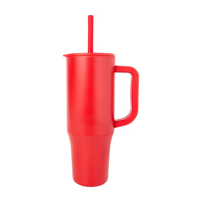 Vaso térmico con pajita de silicona y tapa antisalpicaduras 900ml color rojo vista lateral