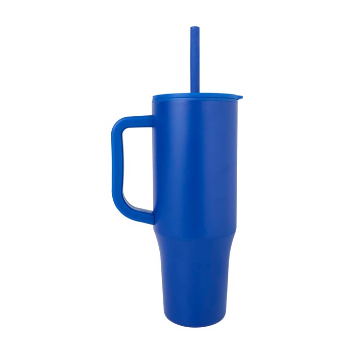 Vaso térmico con pajita de silicona y tapa antisalpicaduras 900ml color azul real segunda vista lateral