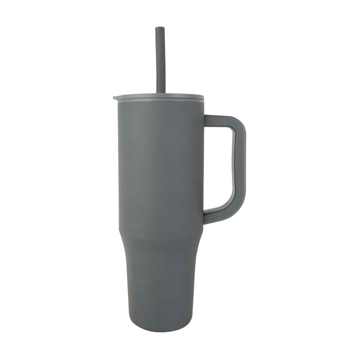 Vaso térmico con pajita de silicona y tapa antisalpicaduras 900ml color gris vista lateral
