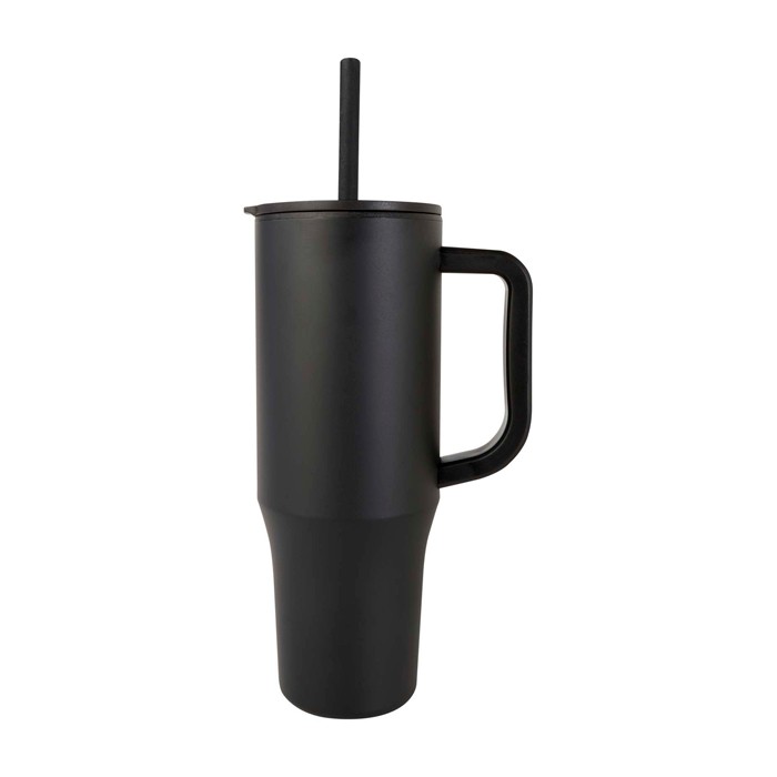 Vaso térmico con pajita de silicona y tapa antisalpicaduras 900ml color negro vista lateral