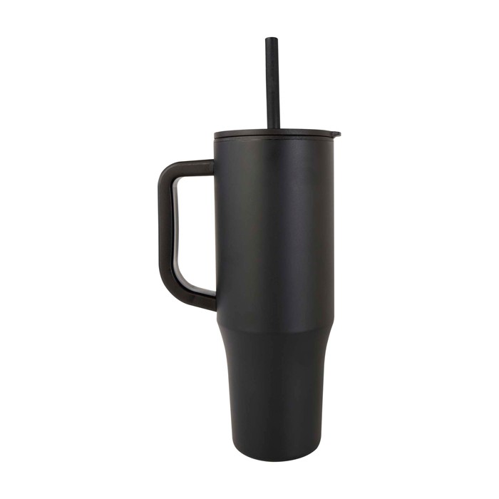 Vaso térmico con pajita de silicona y tapa antisalpicaduras 900ml color negro segunda vista lateral