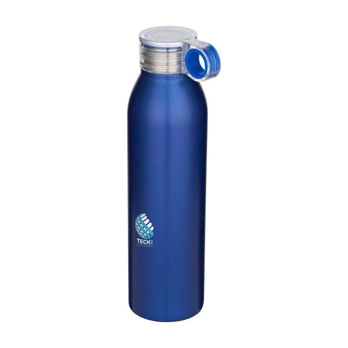 Botella de acero inoxidable reciclado con asa redonda 650ml color azul real vista impresión tampografía Botella de acero inoxidable reciclado con asa redonda 650ml color azul real vista impresión tampografía