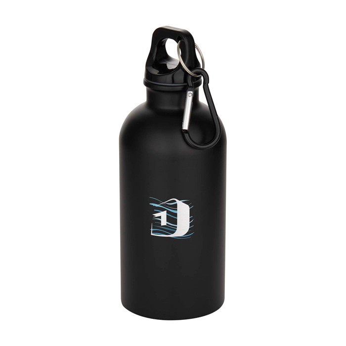 Botella de acero inoxidable reciclado mate de pared simple 400ml color negro vista impresión tampografía Botella de acero inoxidable reciclado mate de pared simple 400ml color negro vista impresión tampografía