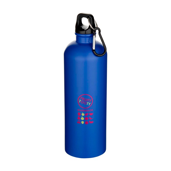 Botella de acero inoxidable reciclado mate con mosquetón 750ml color azul real vista impresión tampografía Botella de acero inoxidable reciclado mate con mosquetón 750ml color azul real vista impresión tampografía