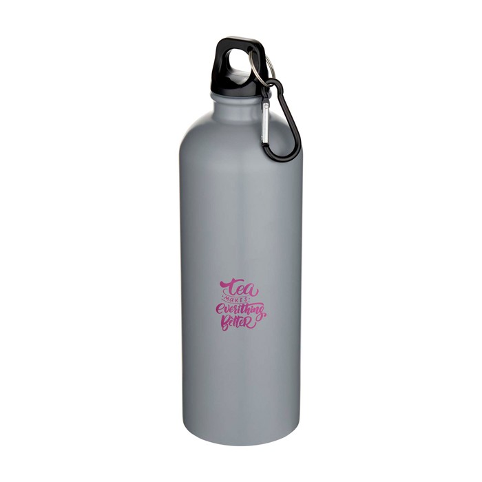 Botella de acero inoxidable reciclado mate con mosquetón 750ml color gris vista impresión tampografía Botella de acero inoxidable reciclado mate con mosquetón 750ml color gris vista impresión tampografía
