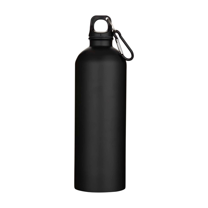 Botella de acero inoxidable reciclado mate con mosquetón 750ml color negro segunda vista frontal Botella de acero inoxidable reciclado mate con mosquetón 750ml color negro segunda vista frontal