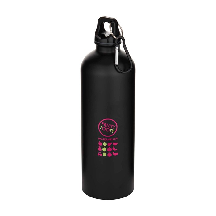 Botella de acero inoxidable reciclado mate con mosquetón 750ml color negro vista impresión tampografía Botella de acero inoxidable reciclado mate con mosquetón 750ml color negro vista impresión tampografía