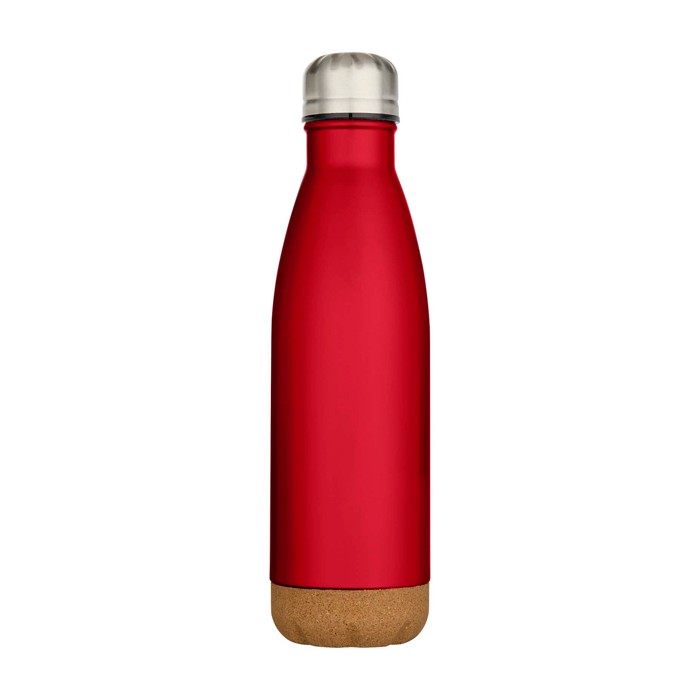 Botella de acero inoxidable de doble pared con base de corcho 500ml color rojo segunda vista frontal Botella de acero inoxidable de doble pared con base de corcho 500ml color rojo segunda vista frontal