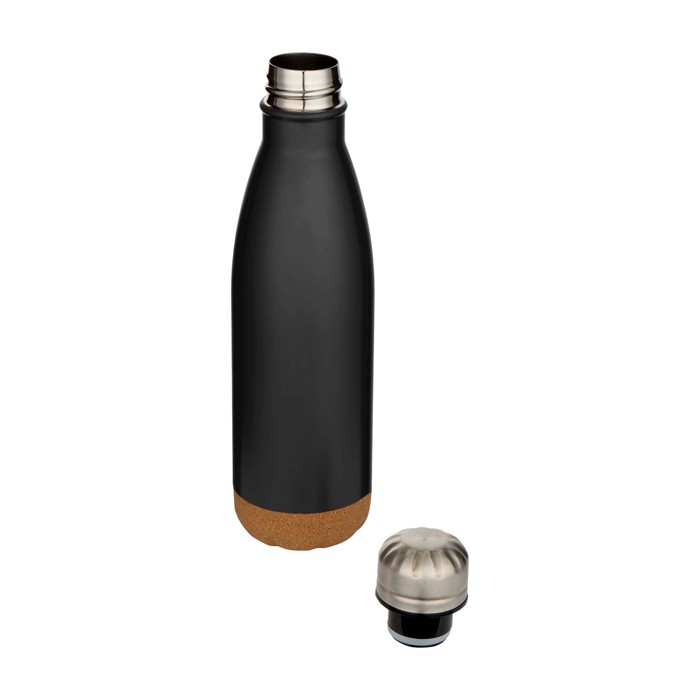 Botella de acero inoxidable de doble pared con base de corcho 500ml color negro segunda vista Botella de acero inoxidable de doble pared con base de corcho 500ml color negro segunda vista