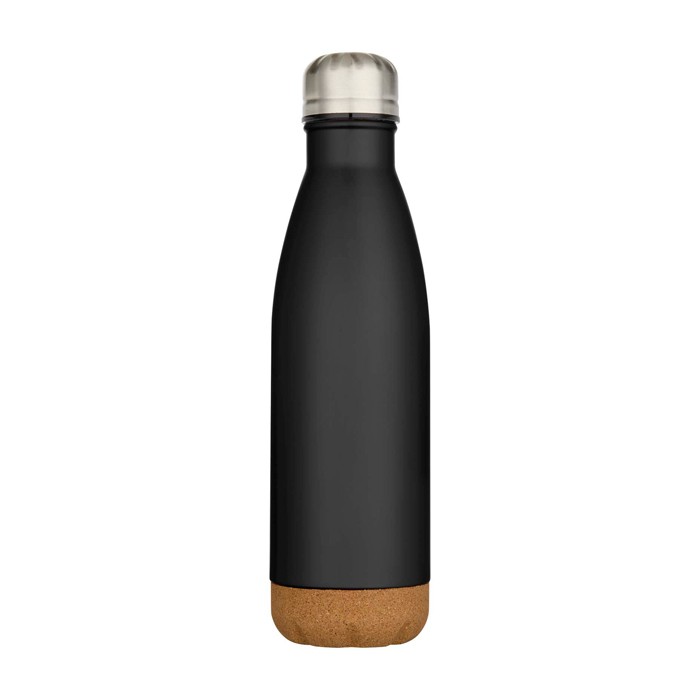 Botella de acero inoxidable de doble pared con base de corcho 500ml color negro segunda vista frontal Botella de acero inoxidable de doble pared con base de corcho 500ml color negro segunda vista frontal