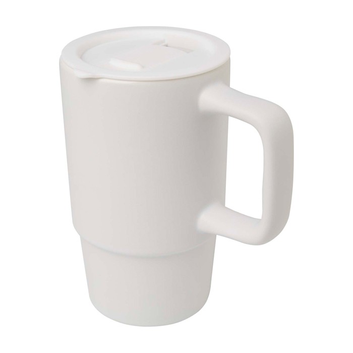Taza de cerámica con tapa de plástico y asa grande 450ml color blanco