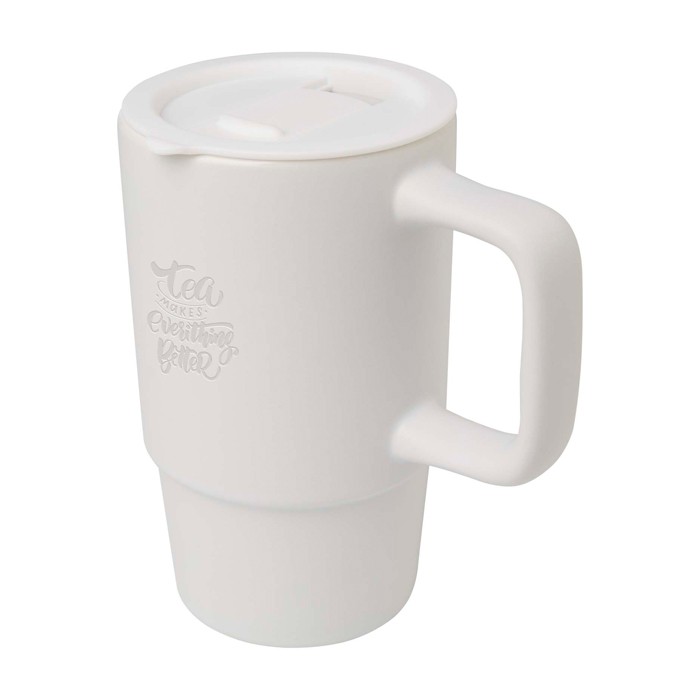 Taza de cerámica con tapa de plástico y asa grande 450ml color blanco vista impresa logo 2
