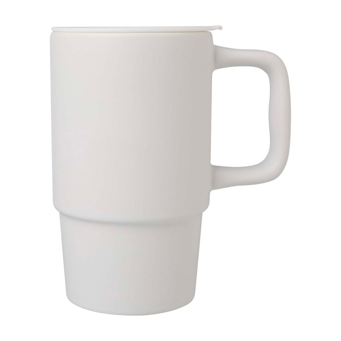 Taza de cerámica con tapa de plástico y asa grande 450ml color blanco vista lateral
