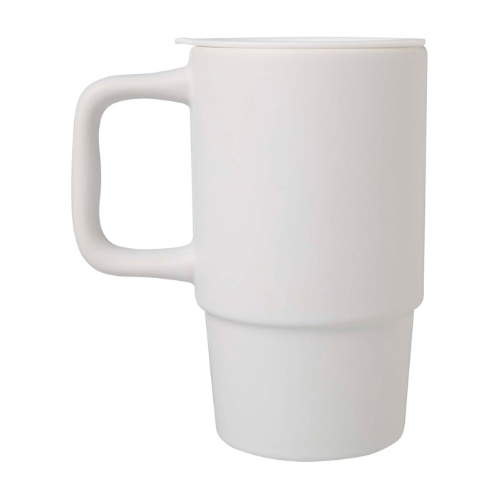 Taza de cerámica con tapa de plástico y asa grande 450ml color blanco segunda vista lateral