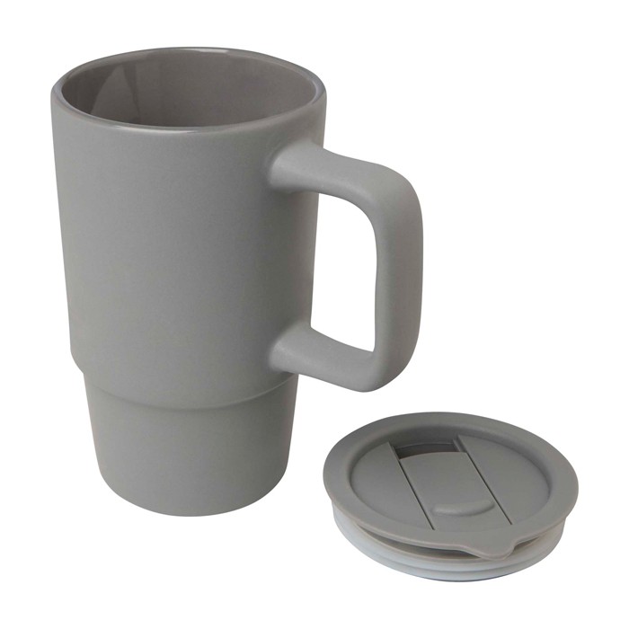 Taza de cerámica con tapa de plástico y asa grande 450ml color gris segunda vista