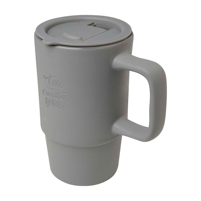 Taza de cerámica con tapa de plástico y asa grande 450ml color gris vista impresa logo 2