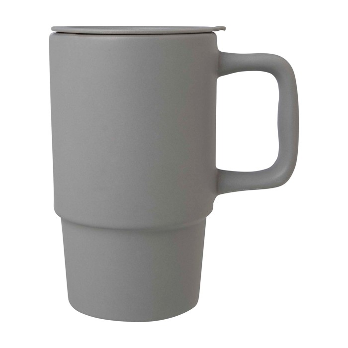 Taza de cerámica con tapa de plástico y asa grande 450ml color gris vista lateral