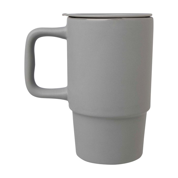 Taza de cerámica con tapa de plástico y asa grande 450ml color gris segunda vista lateral
