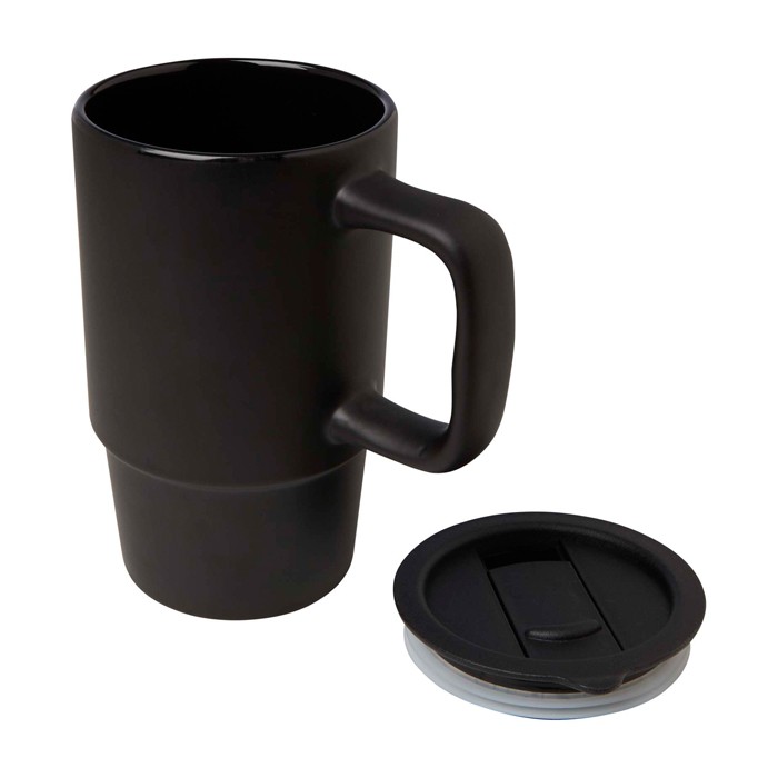 Taza de cerámica con tapa de plástico y asa grande 450ml color negro segunda vista