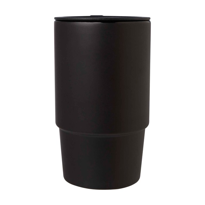 Taza de cerámica con tapa de plástico y asa grande 450ml color negro segunda vista frontal