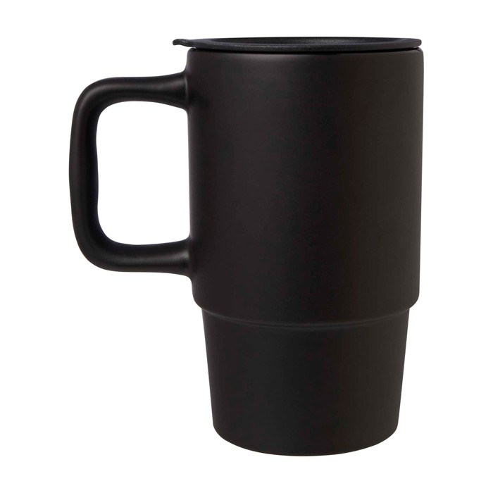 Taza de cerámica con tapa de plástico y asa grande 450ml color negro segunda vista lateral
