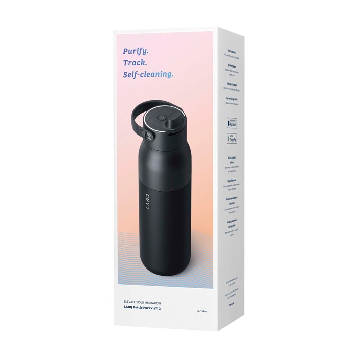 Botella inteligente con filtro de agua y app de rastreo 1L LARQ PureVisTM 2.0 color negro segunda vista con caja Botella inteligente con filtro de agua y app de rastreo 1L LARQ PureVisTM 2.0 color negro segunda vista con caja