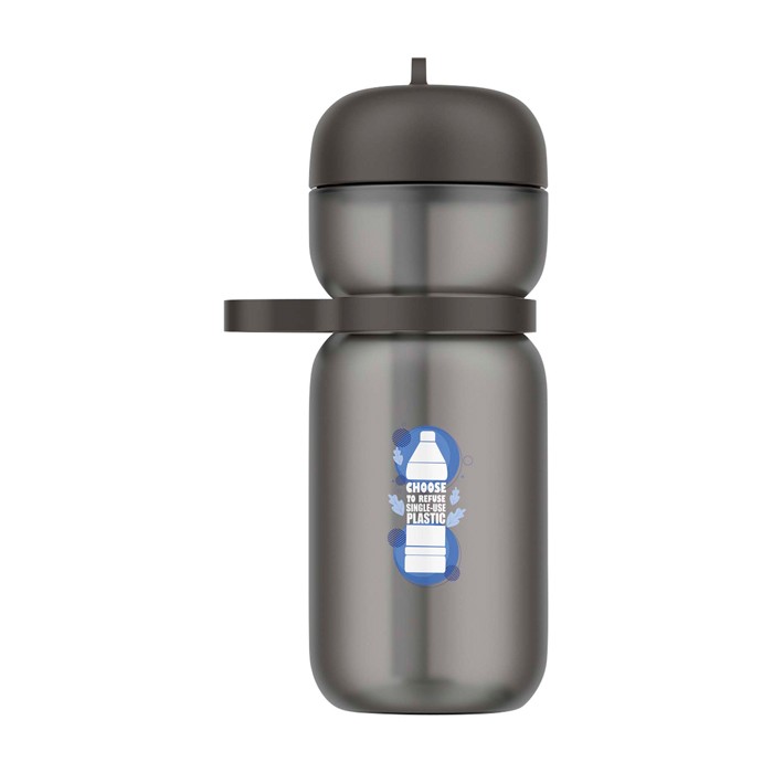 Botella deportiva de plástico con tapa abatible y pajita 600ml Mepal color negro vista impresión tampografía