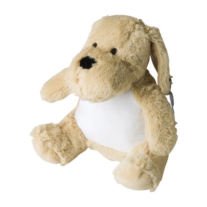 Perro de peluche con ojos bordados y etiqueta personalizable color beige cuarta vista Perro de peluche con ojos bordados y etiqueta personalizable color beige cuarta vista