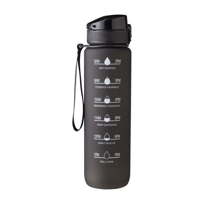 Botella de RPET con la capacidad y las horas para beber impresos 1L color negro primera vista Botella de RPET con la capacidad y las horas para beber impresos 1L color negro primera vista