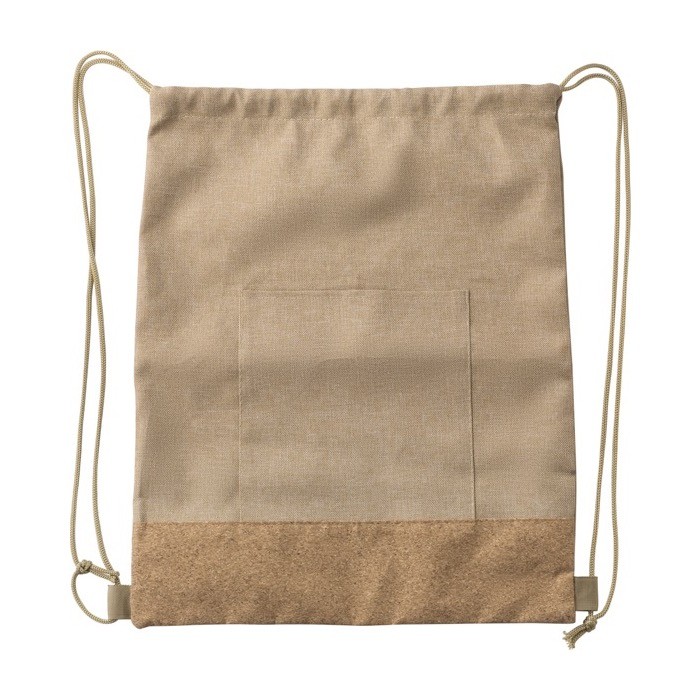 Bolsa de cuerdas de RPET y corcho con bolsillo delantero color caqui primera vista Bolsa de cuerdas de RPET y corcho con bolsillo delantero color caqui primera vista