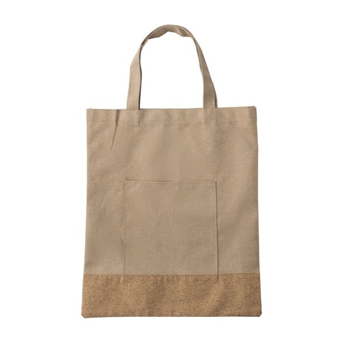 Bolsa de RPET y corcho con bolsillo delantero y asas cortas color caqui primera vista