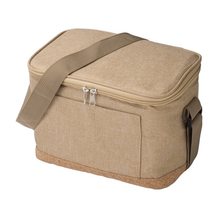 Bolsa térmica de RPET y base de corcho con bolsillo delantero color caqui primera vista Bolsa térmica de RPET y base de corcho con bolsillo delantero color caqui primera vista