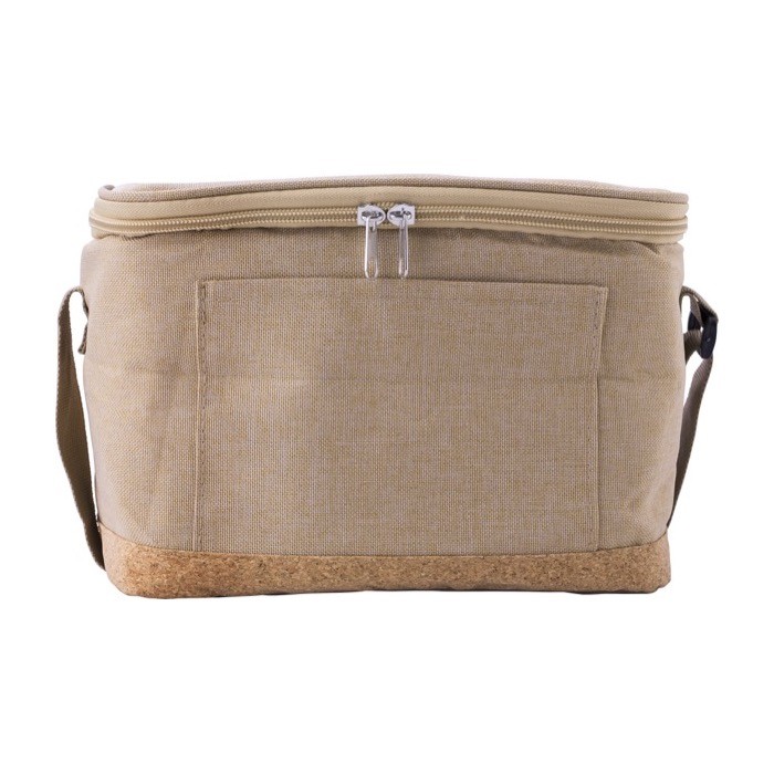 Bolsa térmica de RPET y base de corcho con bolsillo delantero color caqui cuarta vista Bolsa térmica de RPET y base de corcho con bolsillo delantero color caqui cuarta vista