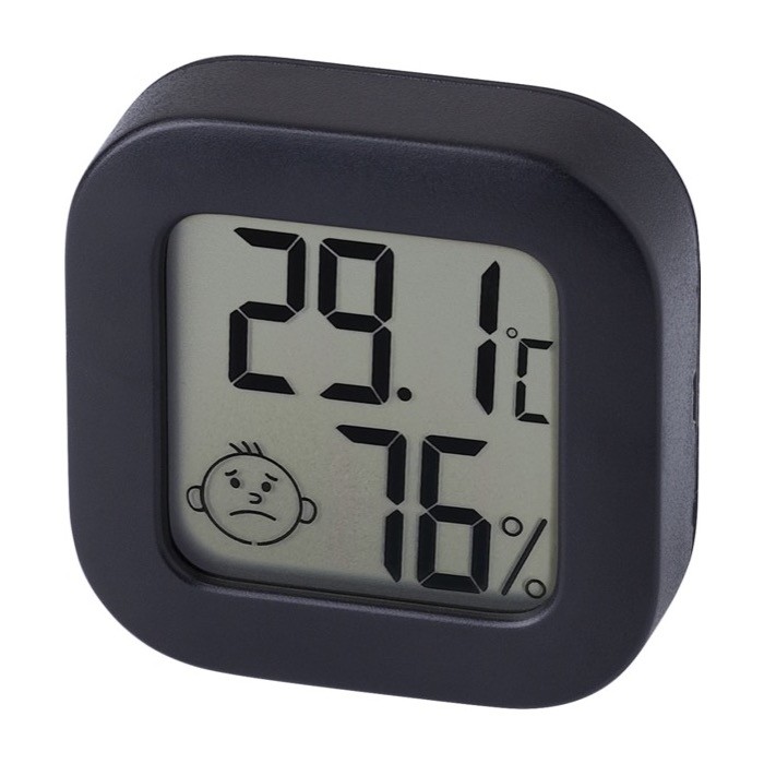 Higrómetro pequeño que muestra la temperatura y la humedad color negro tercera vista