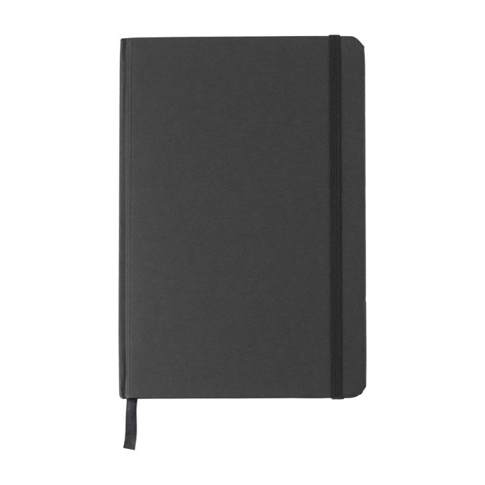 Libreta de cartón reciclado con elástico y cinta A5 hojas a rayas color negro primera vista