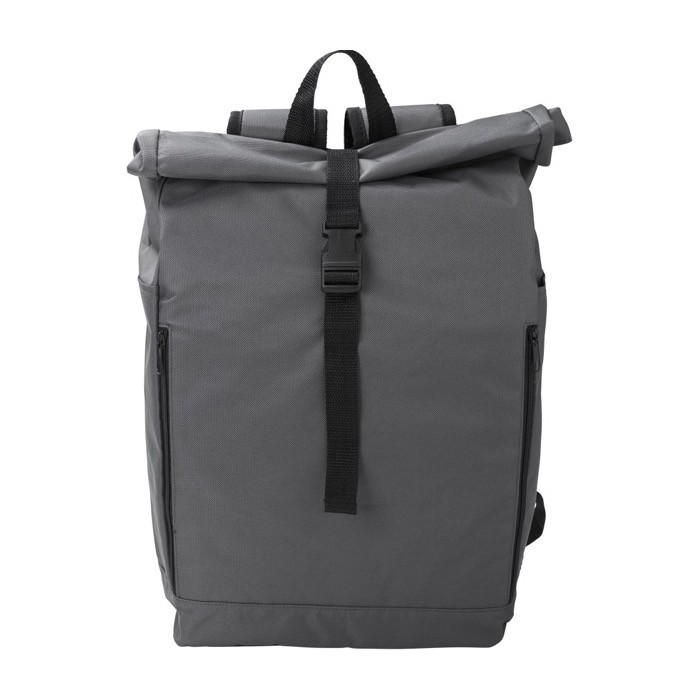 Mochila enrollable de RPET 600D con cierre de velcro y hebilla color gris primera vista Mochila enrollable de RPET 600D con cierre de velcro y hebilla color gris primera vista