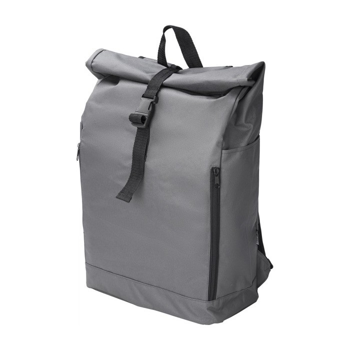 Mochila enrollable de RPET 600D con cierre de velcro y hebilla color gris quinta vista Mochila enrollable de RPET 600D con cierre de velcro y hebilla color gris quinta vista