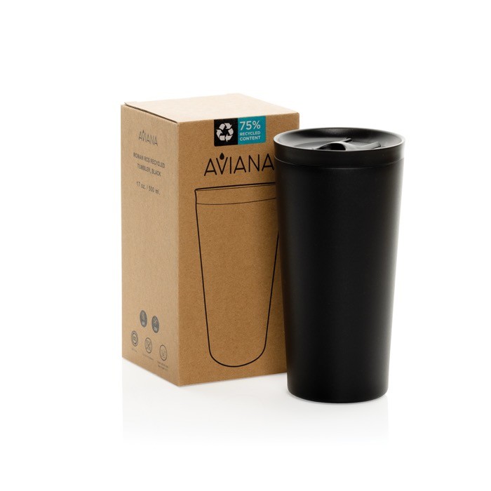 Vaso térmico de acero reciclado con aislamiento al vacío 500ml color negro vista con caja